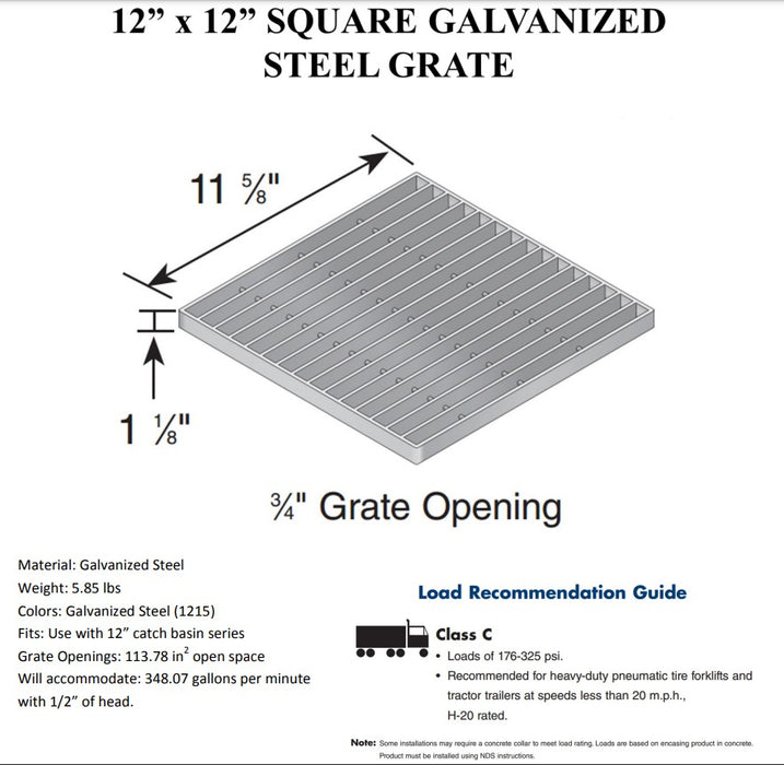 NDS 1215 - 12" Square Catch Basin Grate, Galvanized Steel