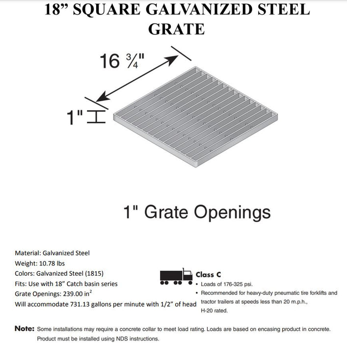 NDS 1815 - 18" Square Catch Basin Grate, Galvanized Steel