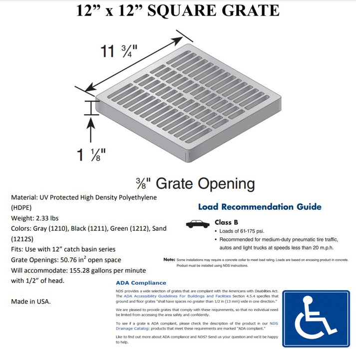 NDS 1210 - 12" Square Catch Basin Grate, Gray