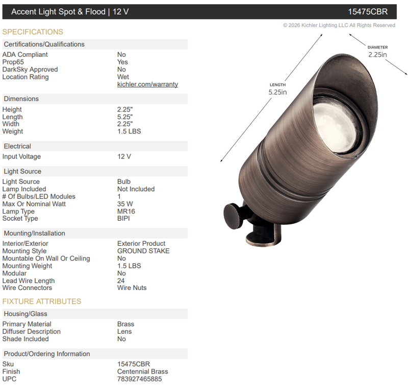 Kichler 15475CBR 12V Brass Accent Light Spot & Flood