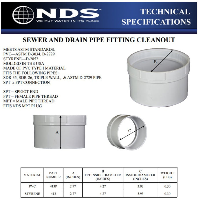 NDS 413P - PVC S&D Pipe Fitting Cleanout, 4"
