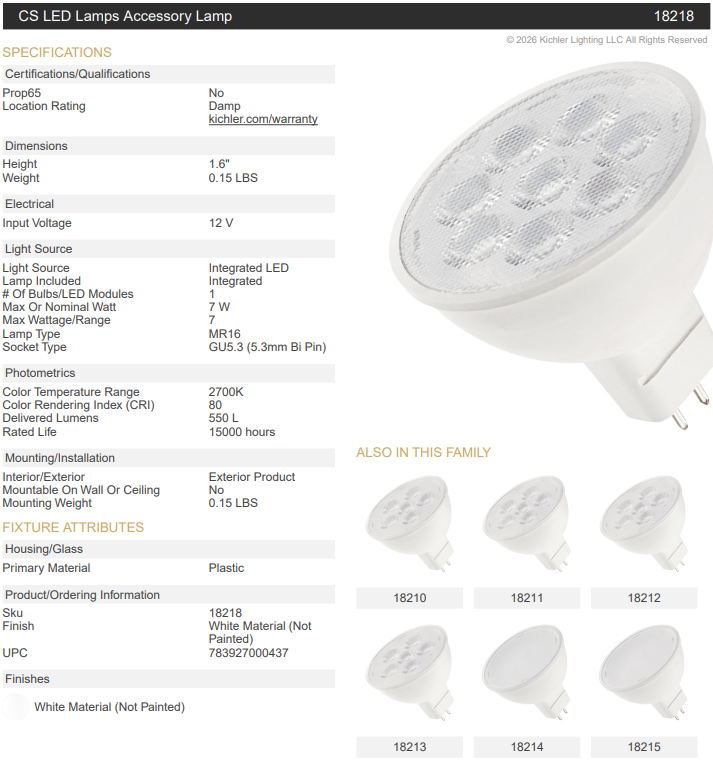 Kichler 18218 MR16 7W 60 DEG 2700K Contractor Series LED