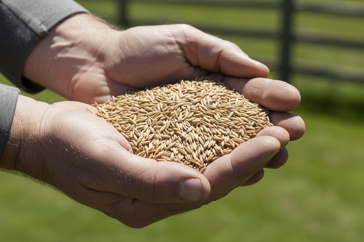 fescue seeds with two hands holding seed in foreground