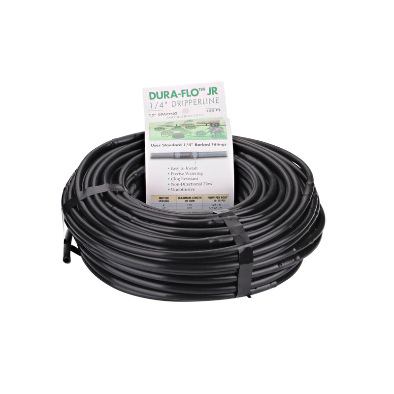 NDS SFJR-BL-12-01 Dura Flo™ JR Dripline 0.5 GPH Non-Pressure Compensating Emitters, 12 in. Spacing, Black Polyethylene, 100 ft.