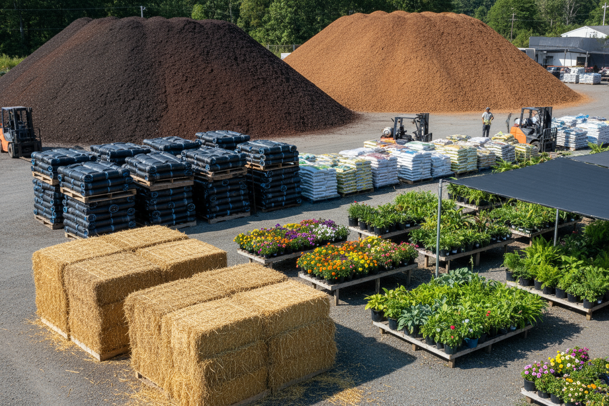 landscape image with piles of mulch, pallets of silt fence, stacks of wheat straw, groups of sunny and shade loving plants, bags of soil, bags of seed, bags of fertilizer