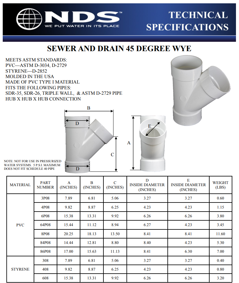 NDS 64P08 - 6" x 6" x 4" Sewer & Drain Reducing Wye