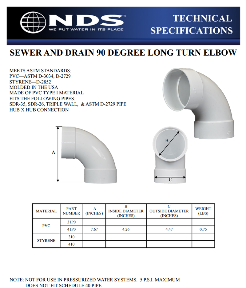 NDS 41P0 - 4" Sewer & Drain 90° Long-Turn Elbow