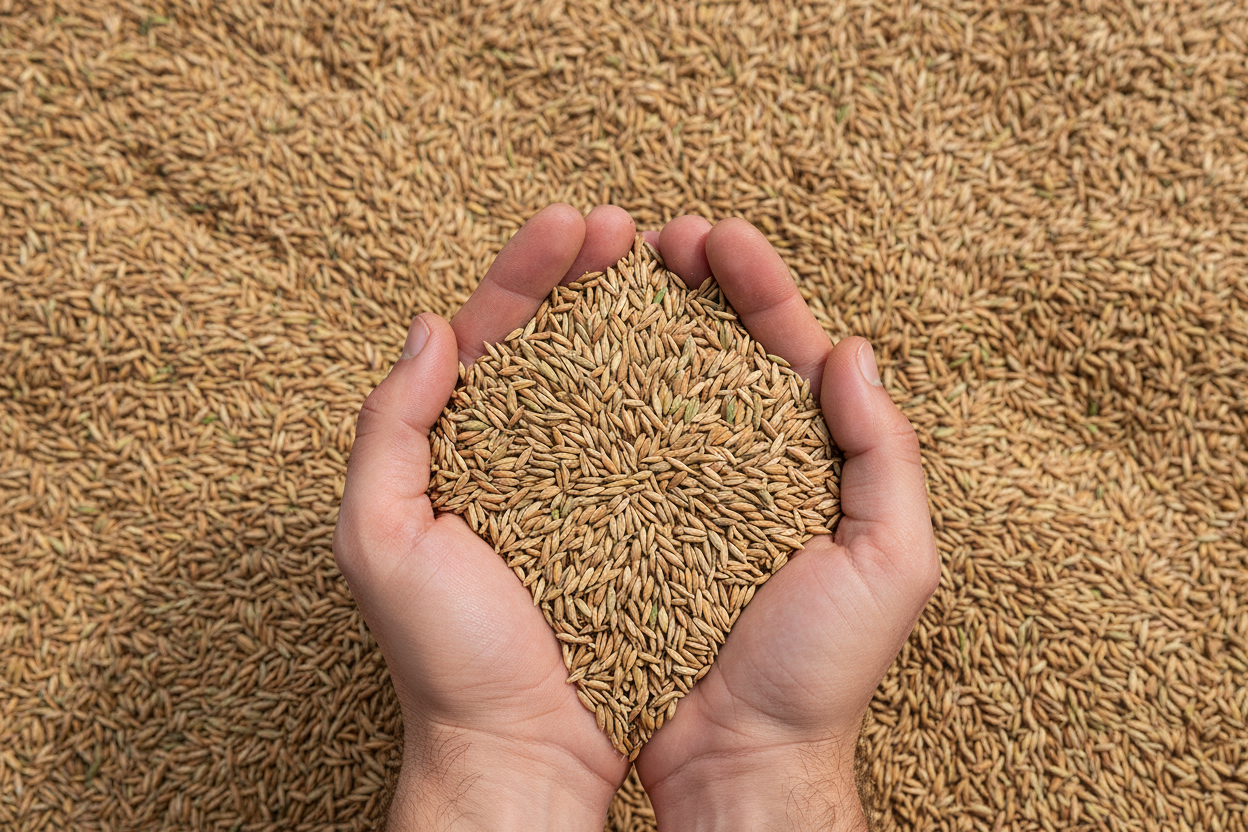 square product image of fescue seed in full background and two hands holding fescue seed in foreground